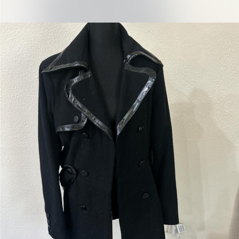 bebe Black Trench Coat with Leather Trim